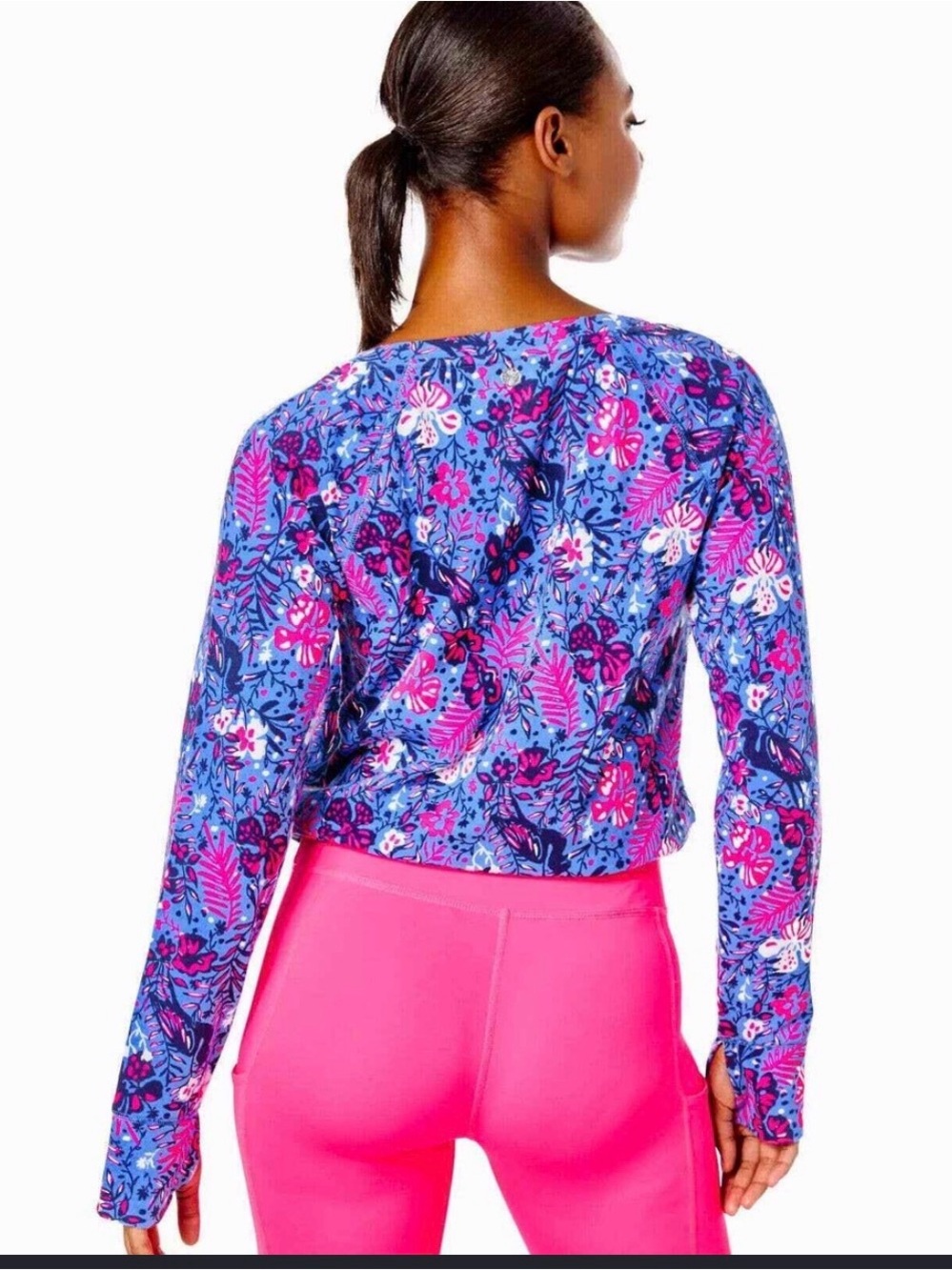 Lilly Pulitzer Blue and Pink Floral Drawstring Hem Long Sleeve Top